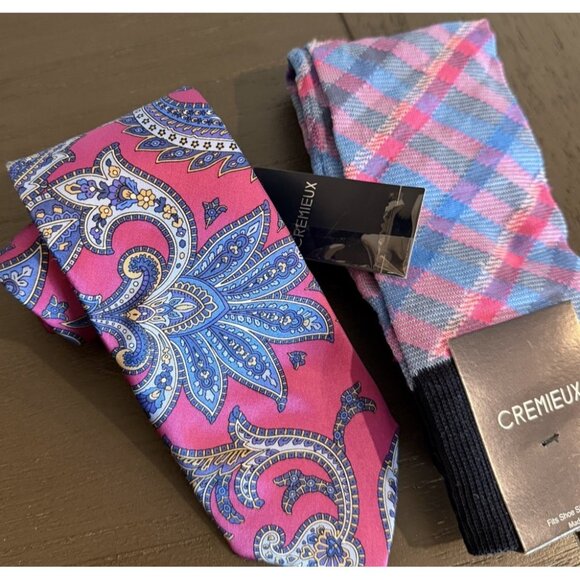 Cremieux Tie & Sock Set ITALIAN SILK Paisley Pink Blue Plaid Dress SOCKS NEW - Picture 2 of 10